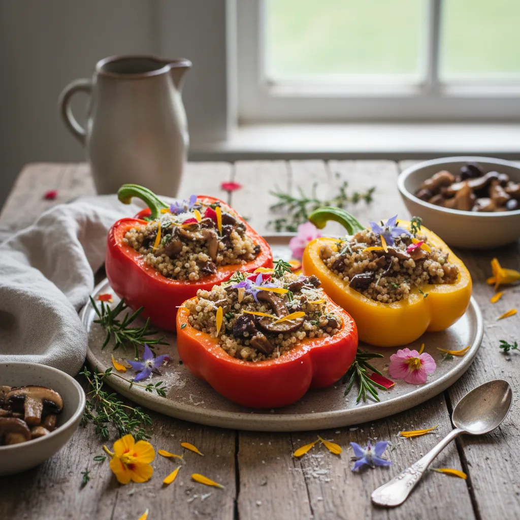 Savory Edible Flower and Mushroom Quinoa Stuffed Peppers