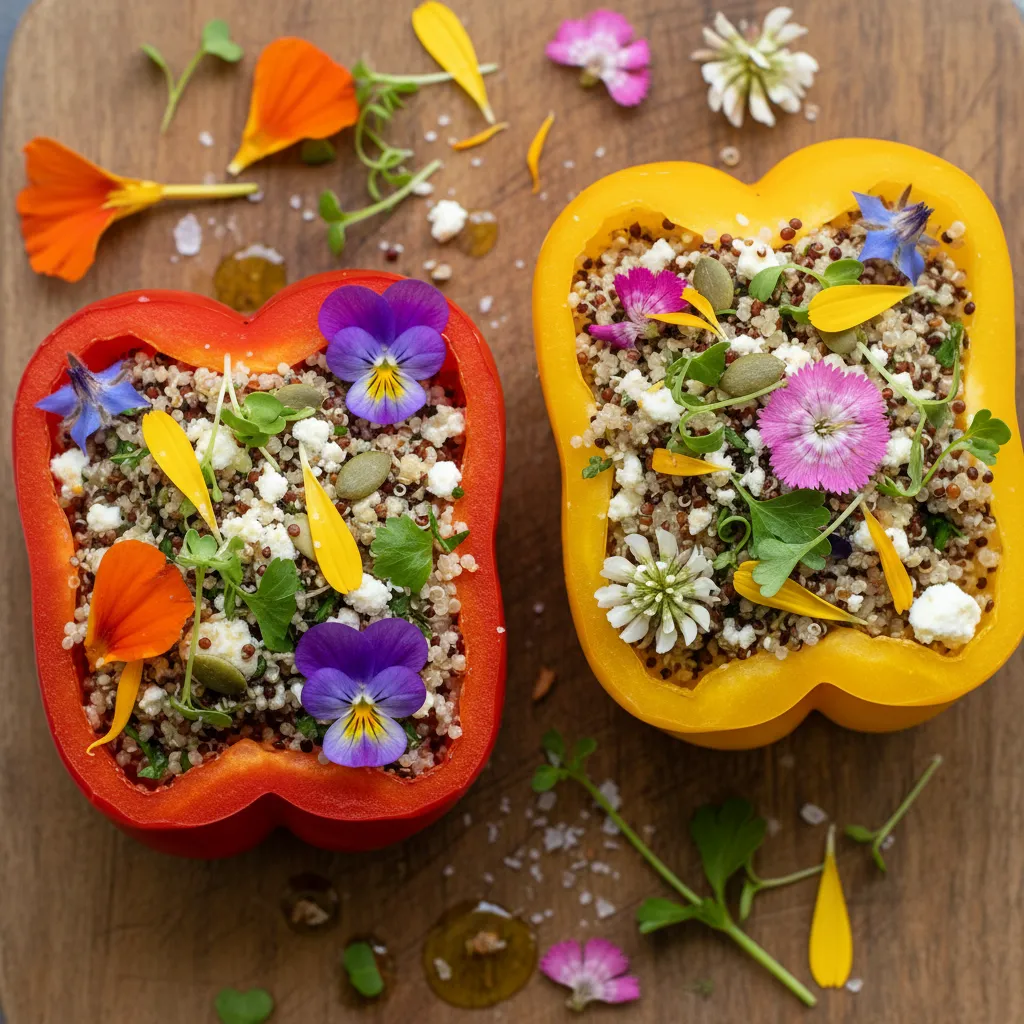 Savory Edible Flower and Quinoa Stuffed Bell Peppers