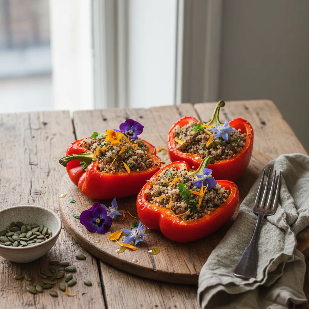 Savory Edible Flower and Quinoa Stuffed Bell Peppers