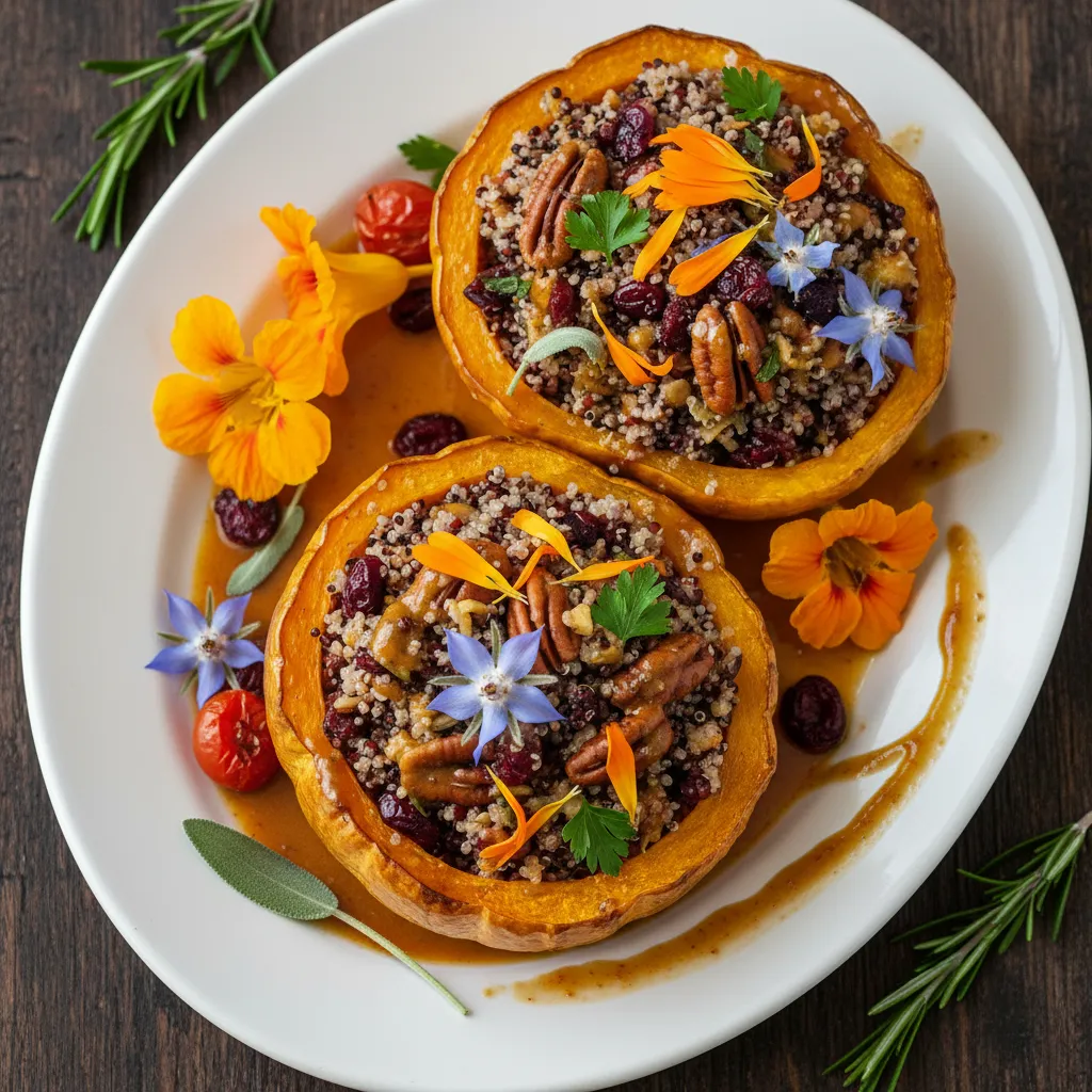 Savory Edible Flower and Quinoa Stuffed Delicata Squash