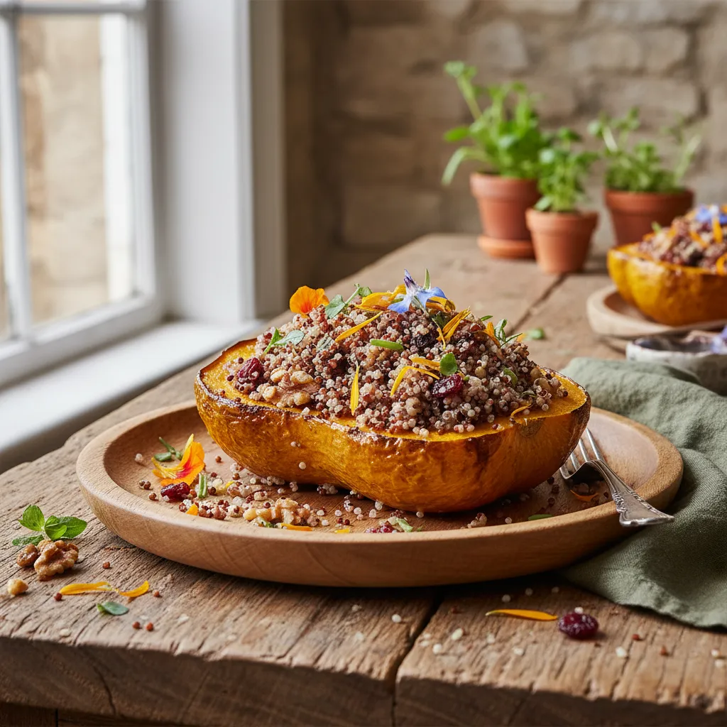 Savory Edible Flower and Quinoa Stuffed Delicata Squash