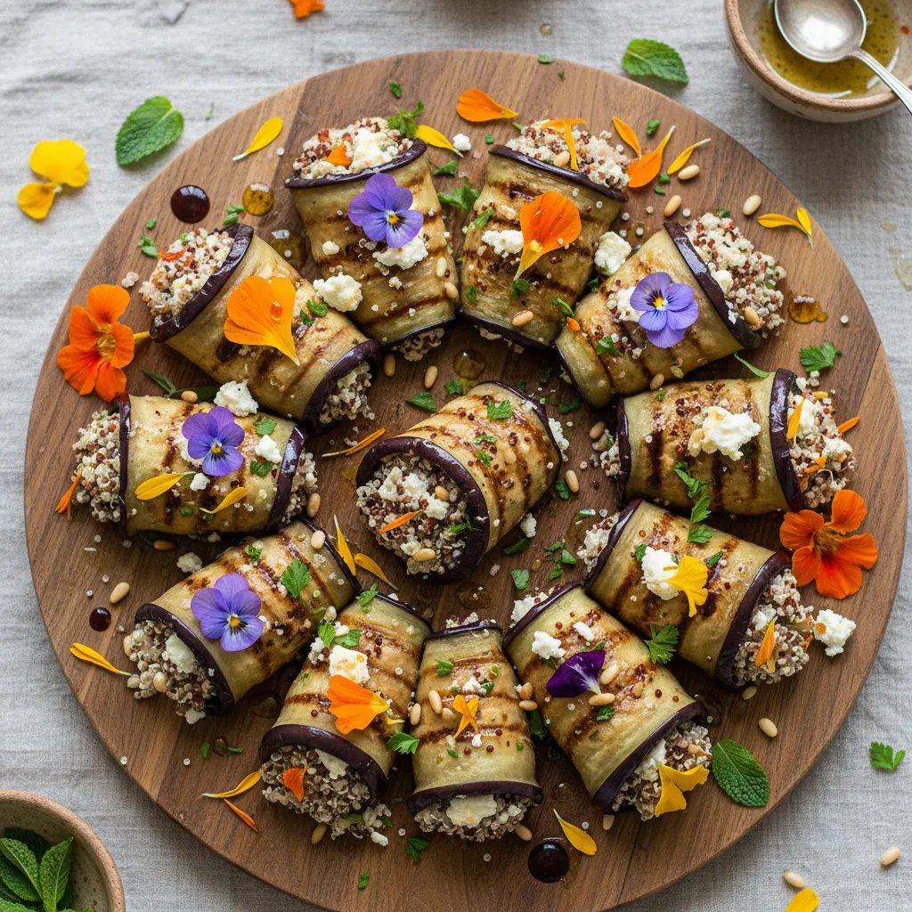 Savory Edible Flower and Quinoa Stuffed Eggplant Rolls