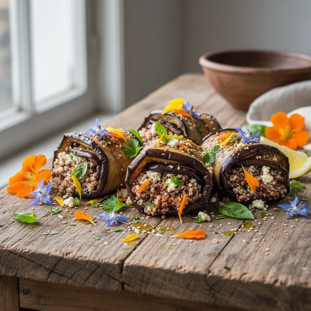 Savory Edible Flower and Quinoa Stuffed Eggplant Rolls