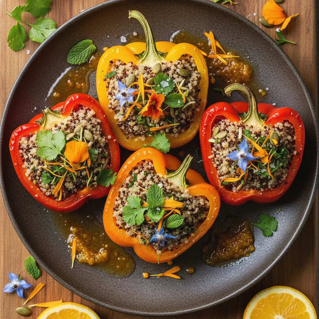Savory Edible Flower and Quinoa Stuffed Peppers with Citrus Drizzle