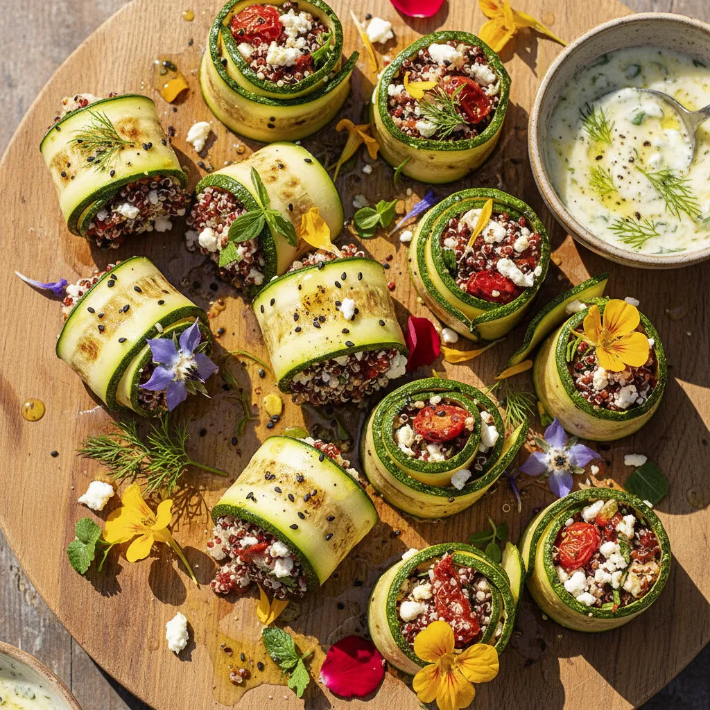 Savory Edible Flower and Quinoa Stuffed Zucchini Rolls