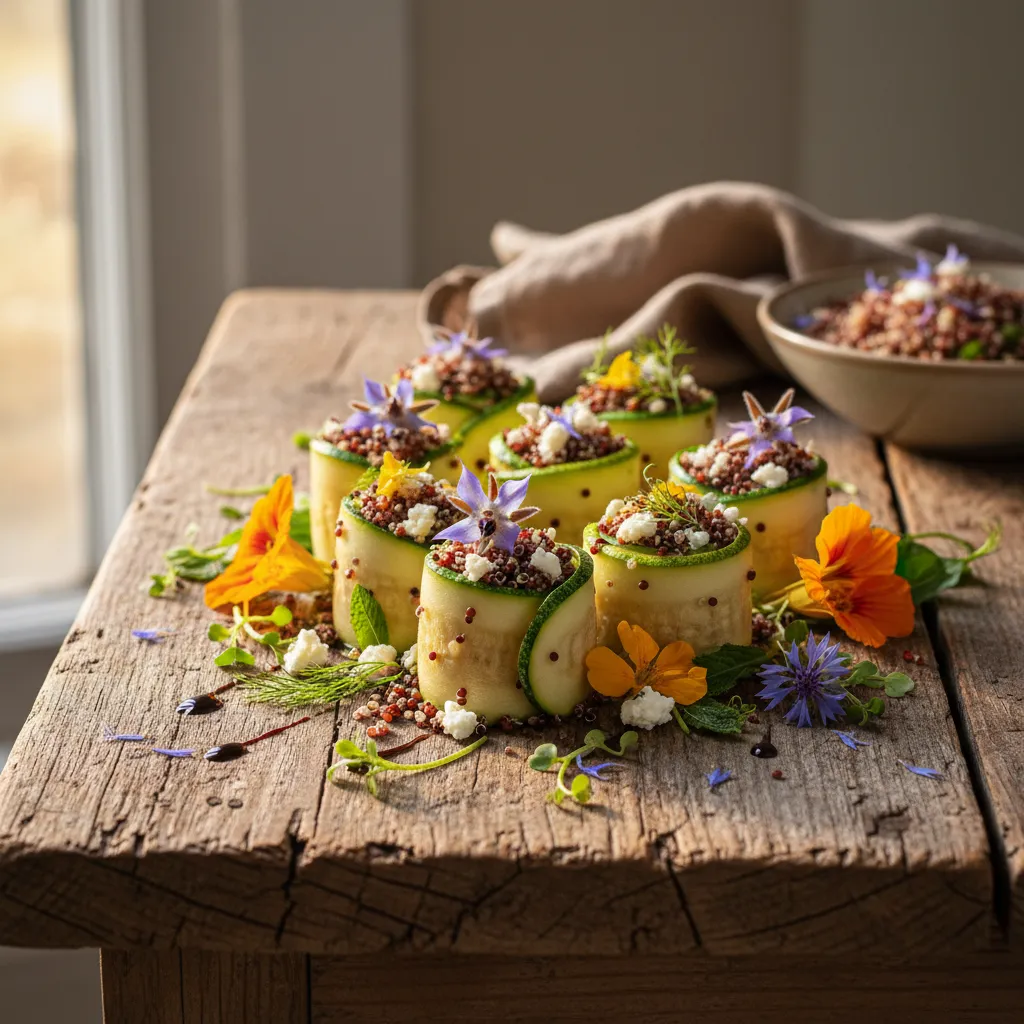 Savory Edible Flower and Quinoa Stuffed Zucchini Rolls