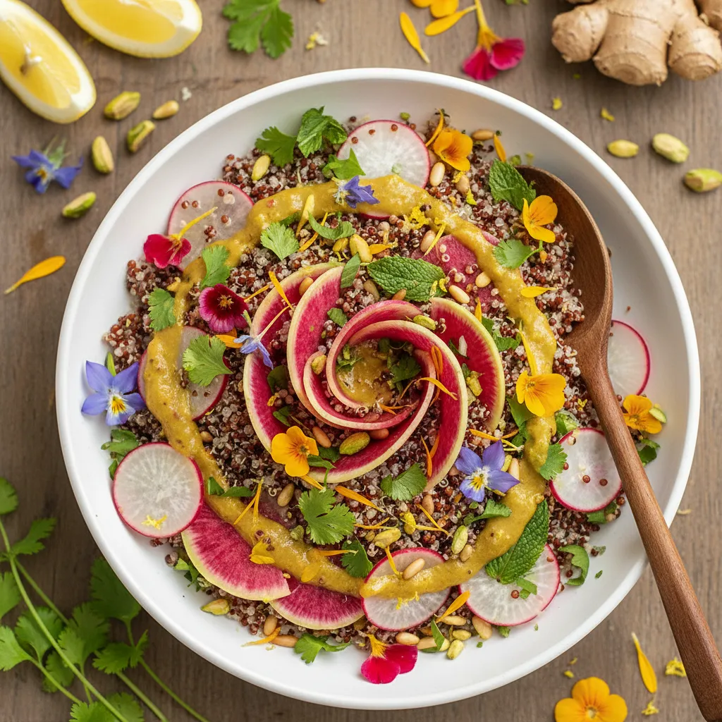 Savory Edible Flower and Radish Quinoa Salad with Lemon-Ginger Dressing