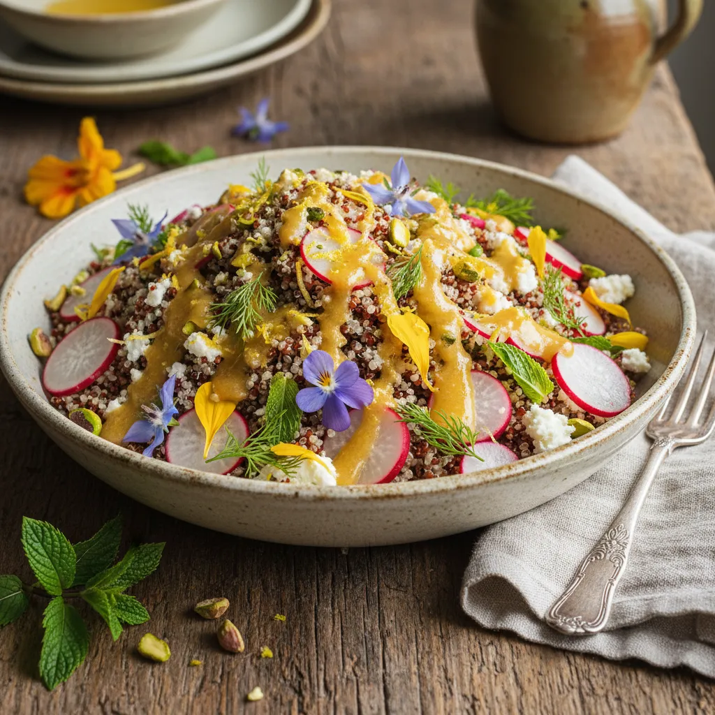 Savory Edible Flower and Radish Quinoa Salad with Lemon-Ginger Dressing