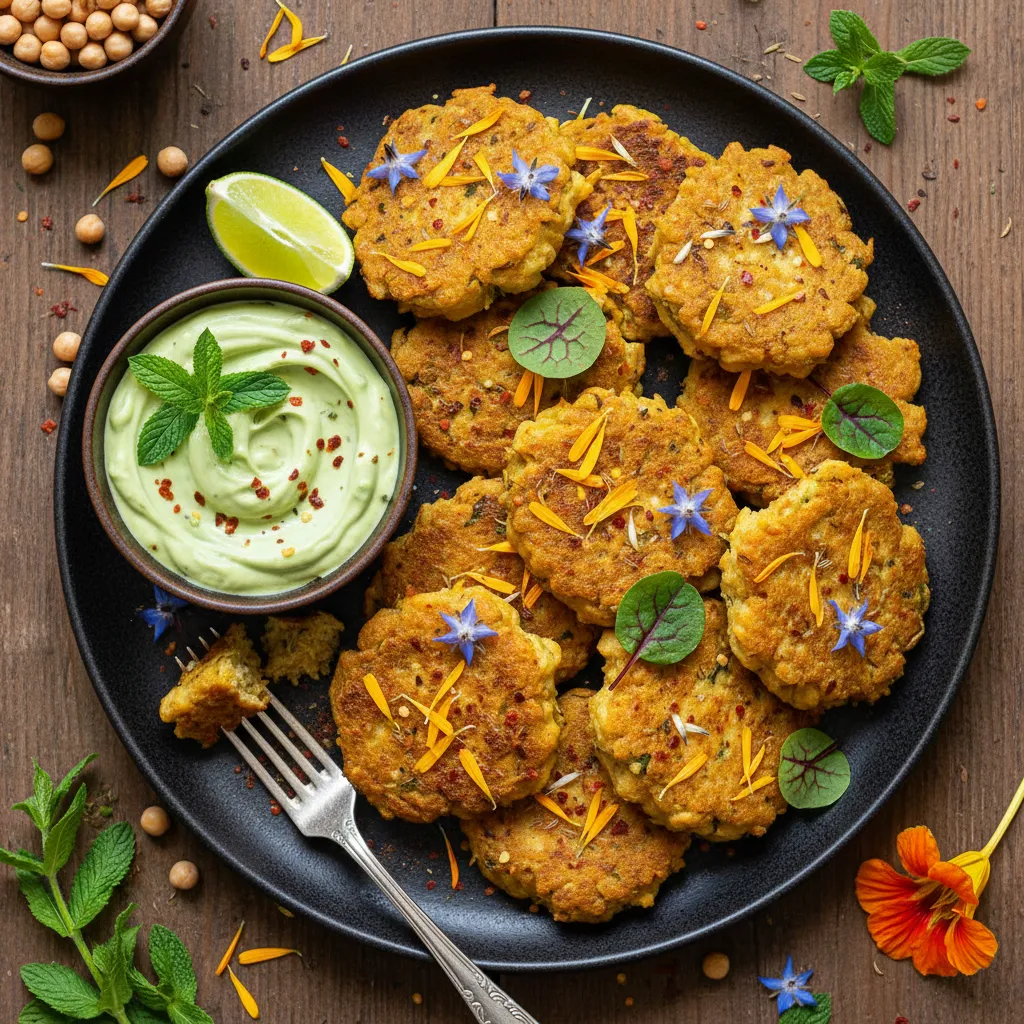 Savory Edible Flower and Spiced Chickpea Fritters with Avocado Mint Sauce