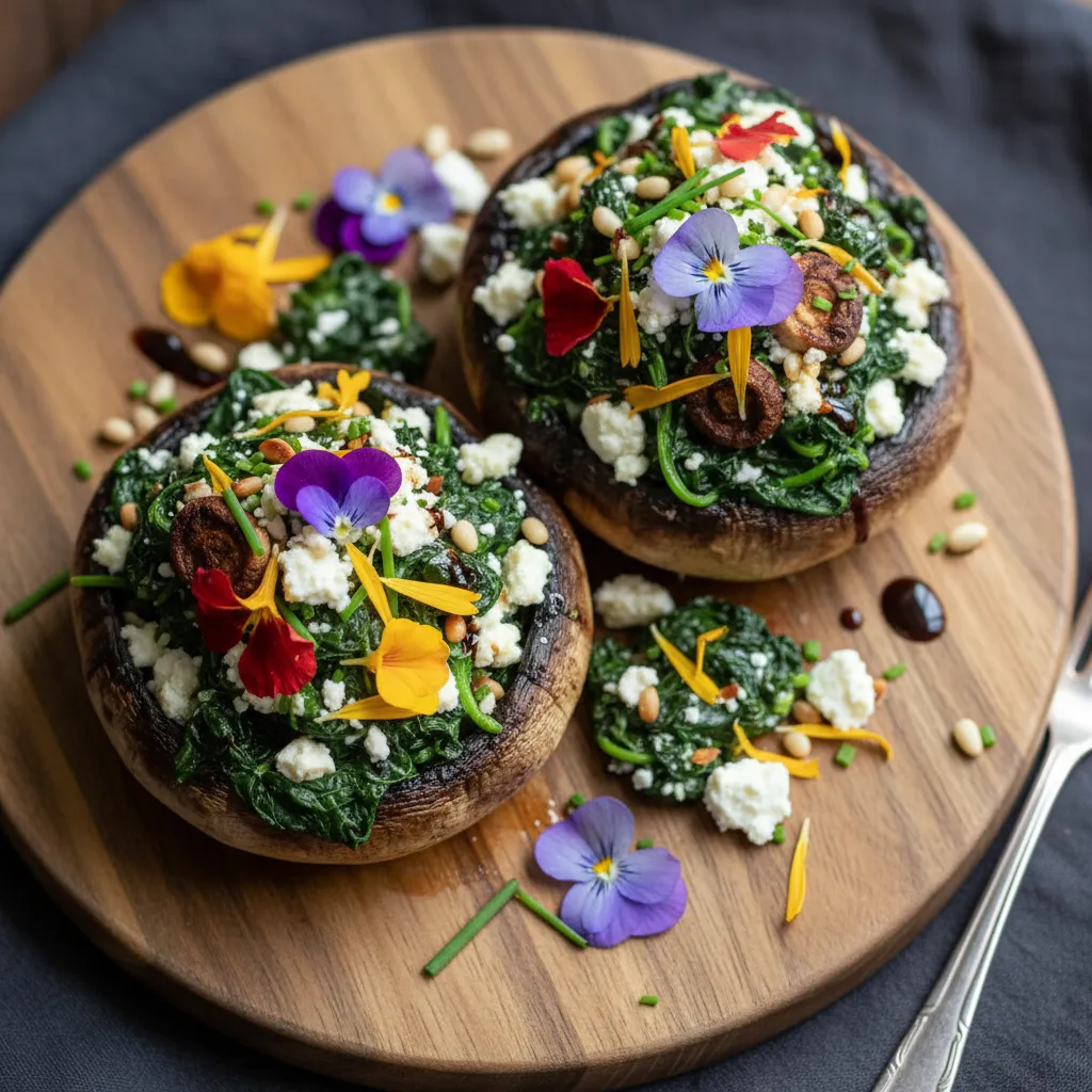 Savory Edible Flower and Spinach Stuffed Portobello Mushrooms