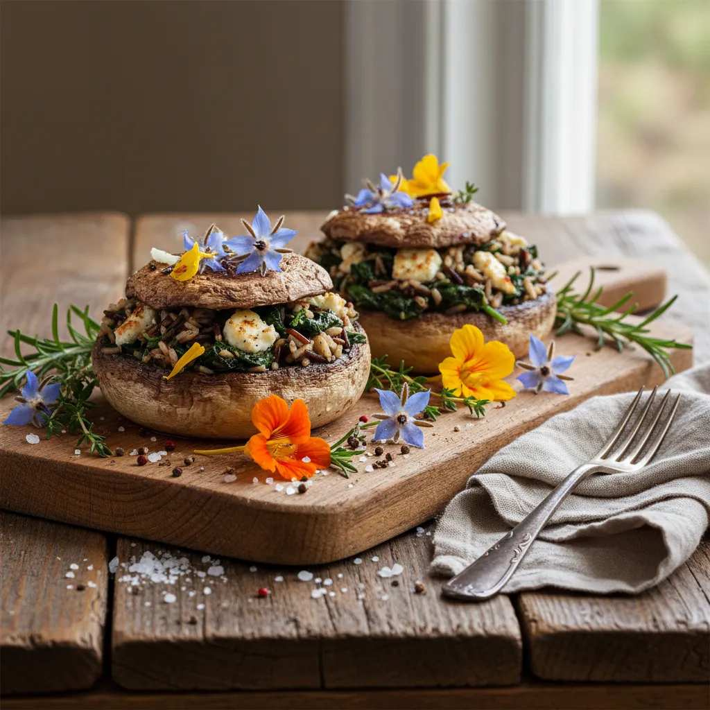 Savory Edible Flower and Spinach Stuffed Portobello Mushrooms