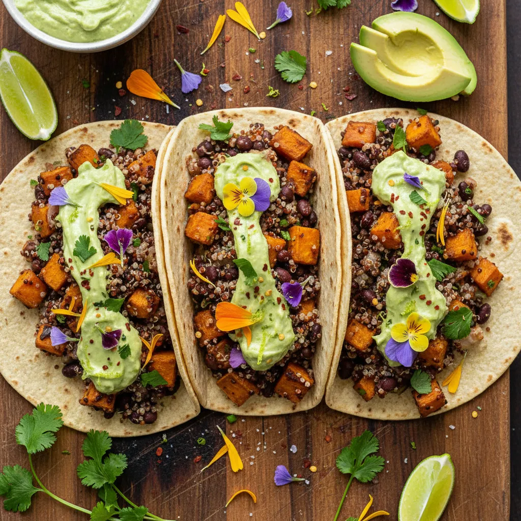 Savory Edible Flower and Sweet Potato Quinoa Tacos with Avocado Cream