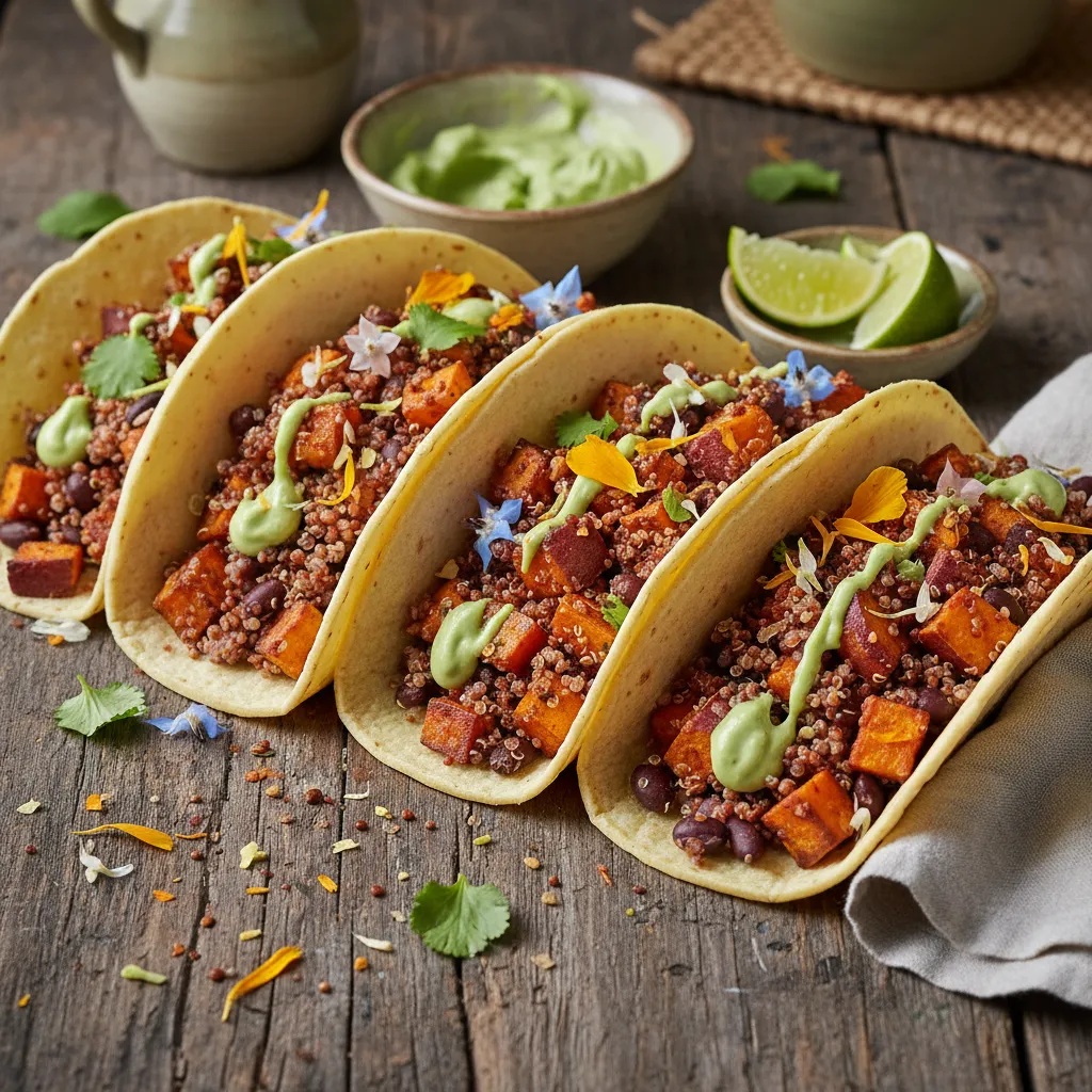 Savory Edible Flower and Sweet Potato Quinoa Tacos with Avocado Cream