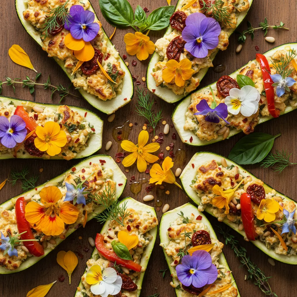 Savory Edible Flower and Vegan Cheese Stuffed Zucchini Boats