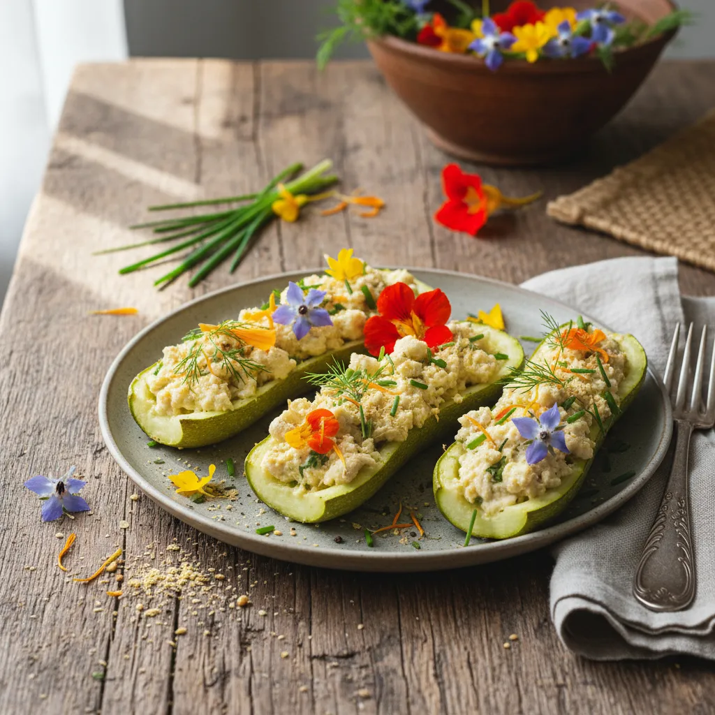 Savory Edible Flower and Vegan Cheese Stuffed Zucchini Boats