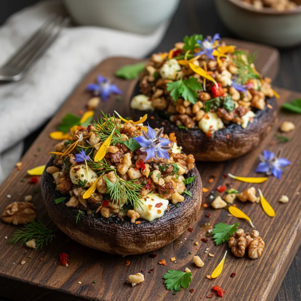 Savory Edible Flower and Walnut Stuffed Portobellos