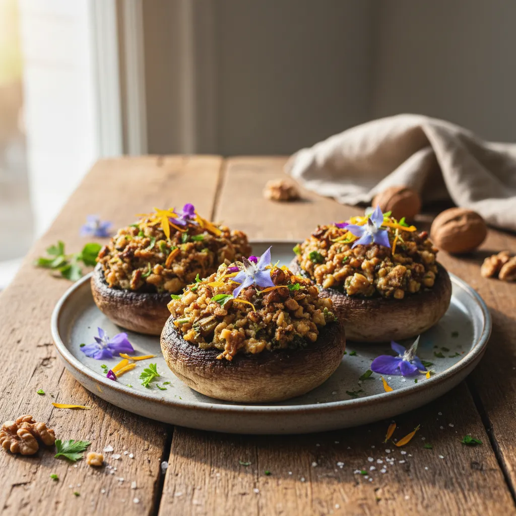 Savory Edible Flower and Walnut Stuffed Portobellos