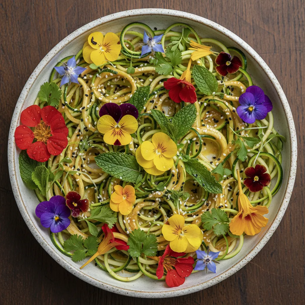 Savory Edible Flower and Zucchini Ribbons with Miso Ginger Dressing