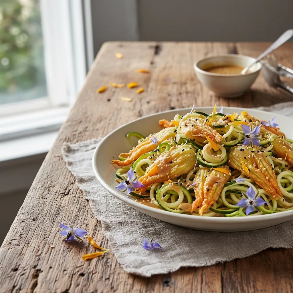 Savory Edible Flower and Zucchini Ribbons with Miso Ginger Dressing