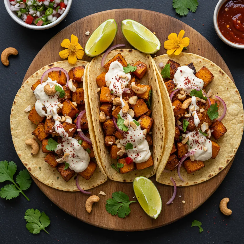 Savory Ginger Butternut Squash Tacos with Maple Cashew Cream