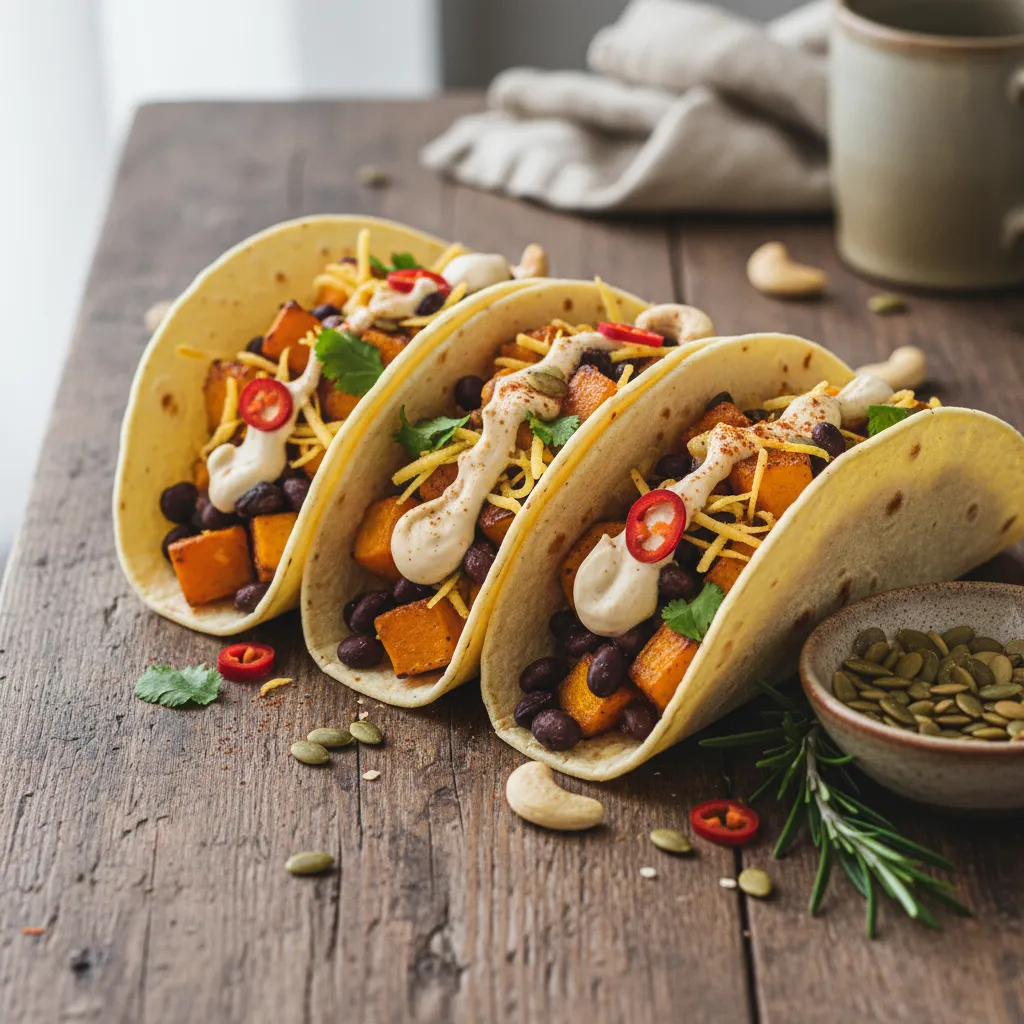 Savory Ginger Butternut Squash Tacos with Maple Cashew Cream