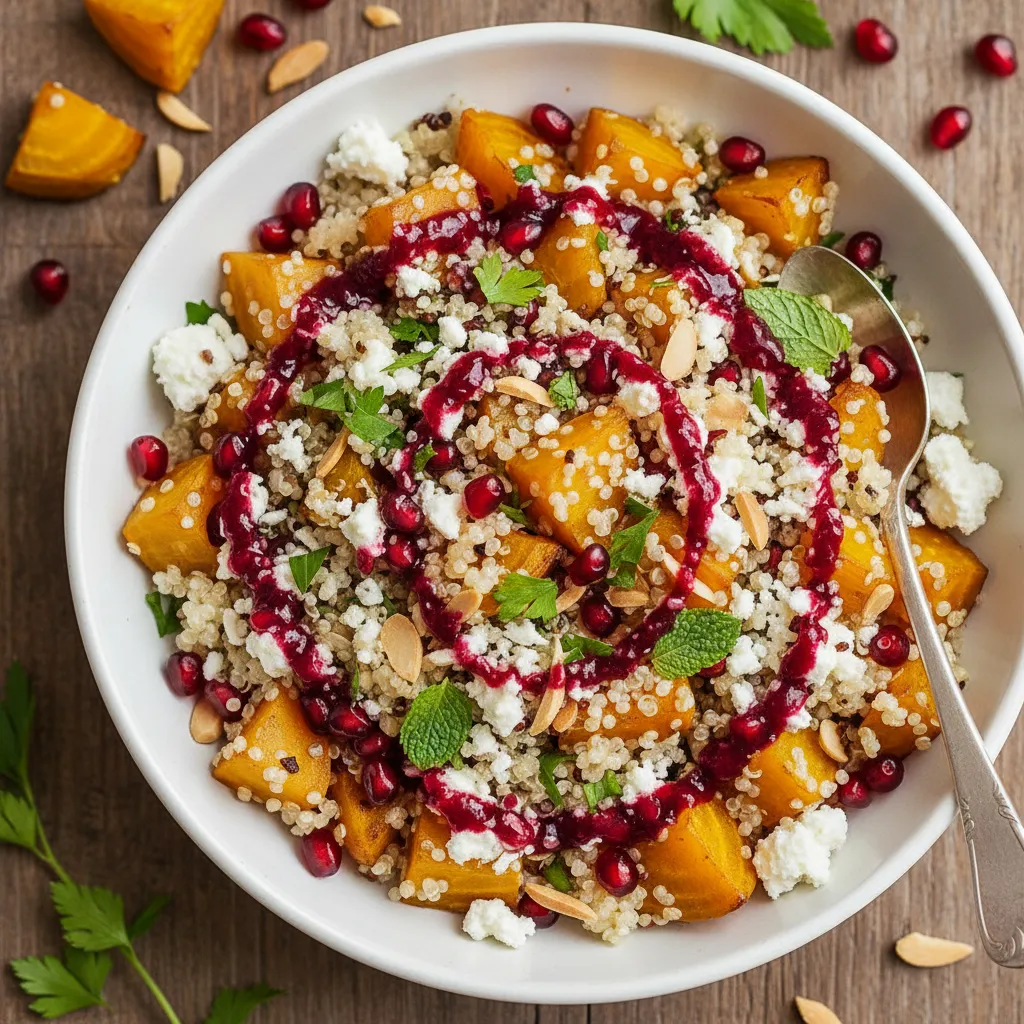 Savory Golden Beet & Feta Quinoa Salad with Pomegranate Vinaigrette