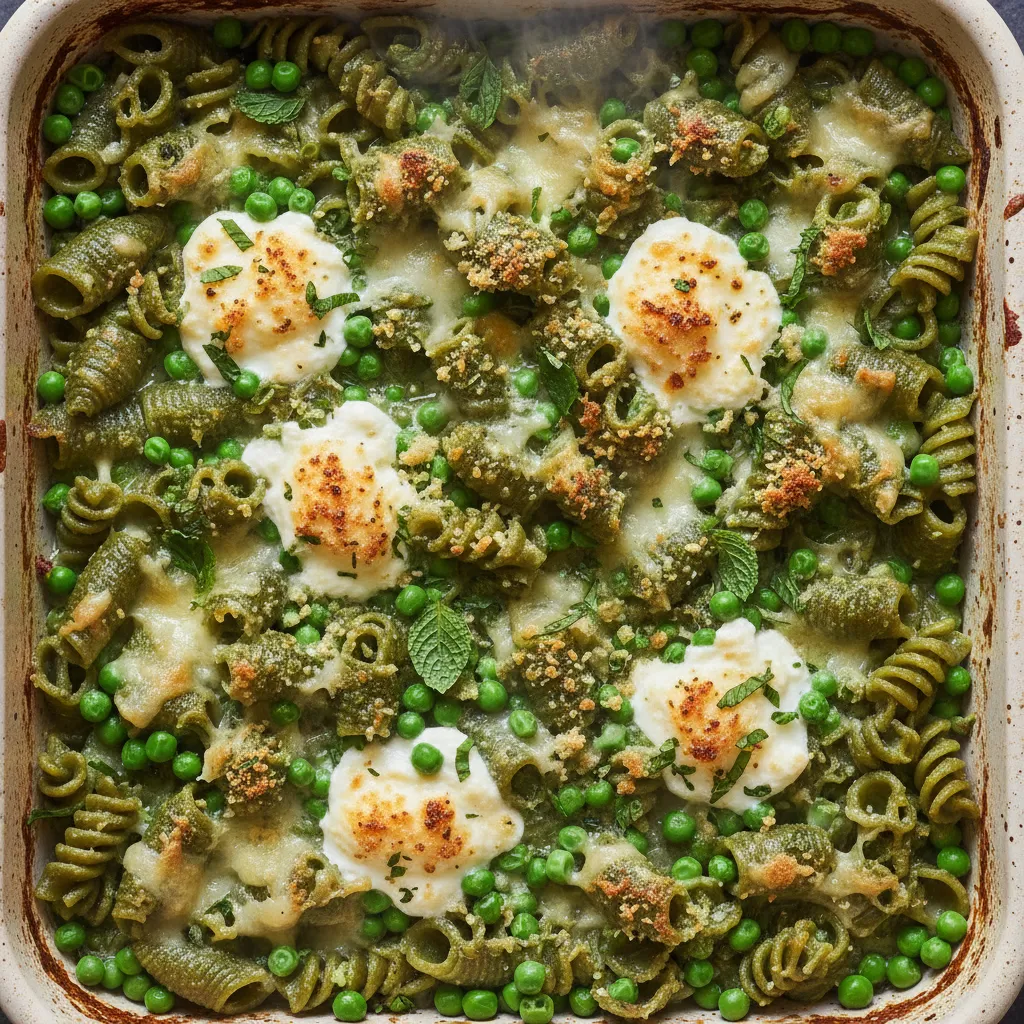 Savory Green Pea and Spirulina Pasta Bake