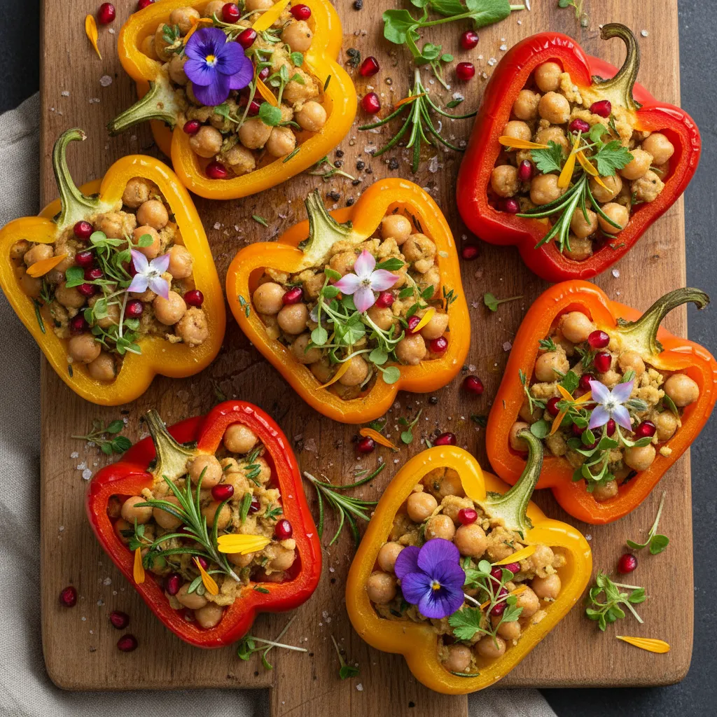 Savory Herb-Infused Chickpea and Edible Flower Stuffed Peppers