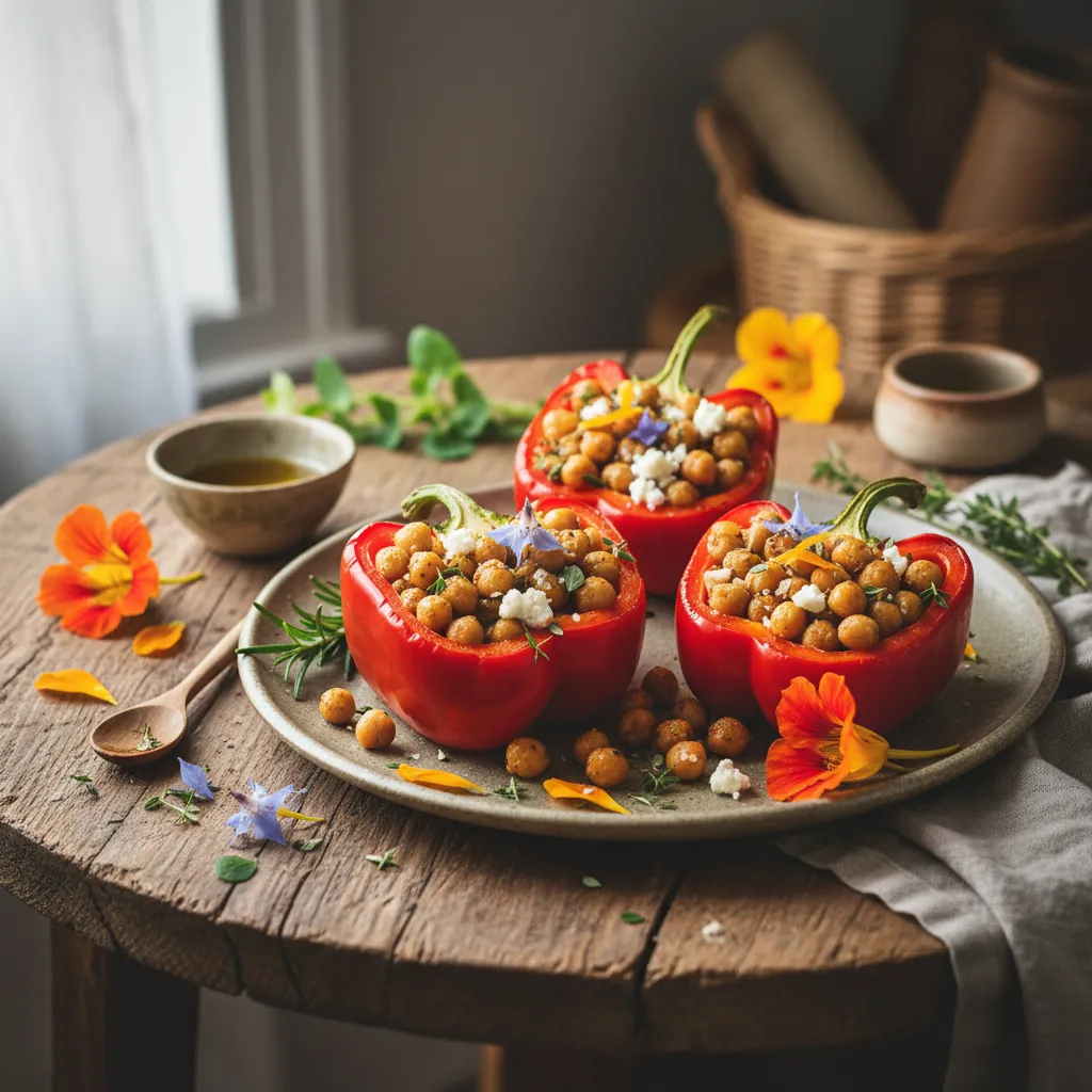 Savory Herb-Infused Chickpea and Edible Flower Stuffed Peppers
