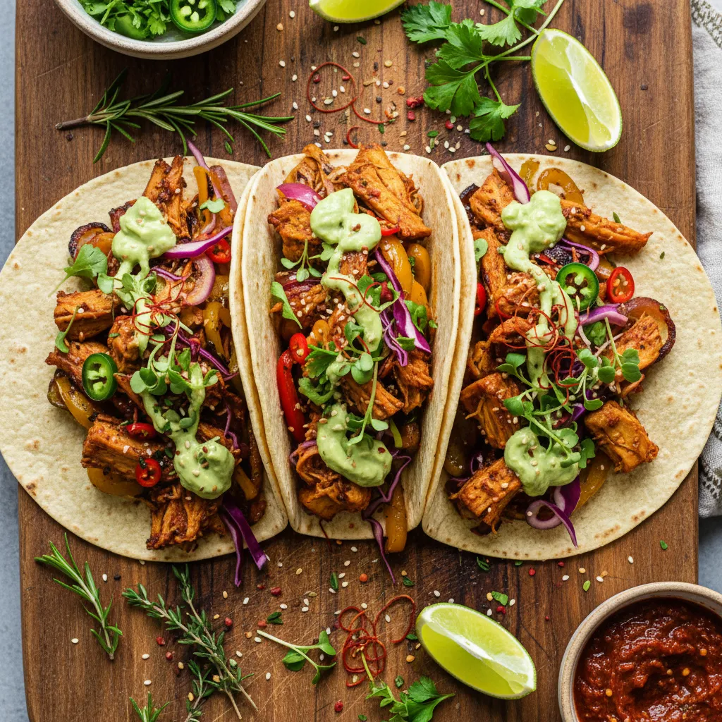 Savory Herb-Infused Jackfruit Tacos with Spicy Avocado Cream