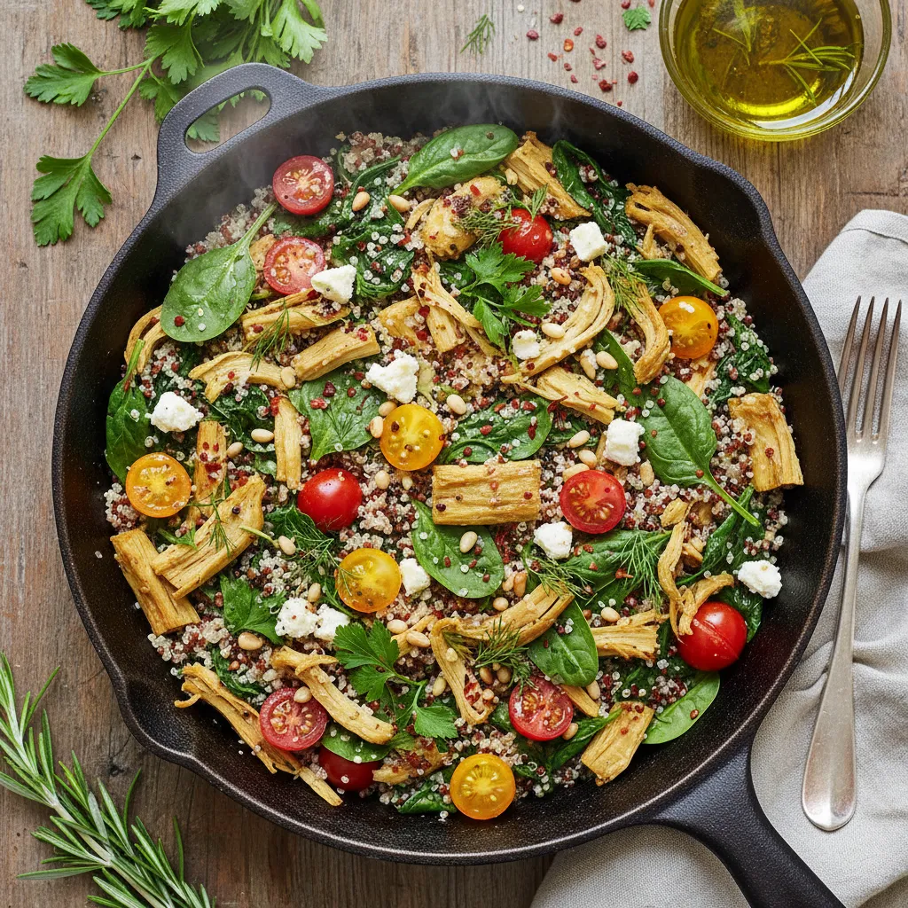 Savory Herb-Infused Jackfruit and Spinach Quinoa Skillet