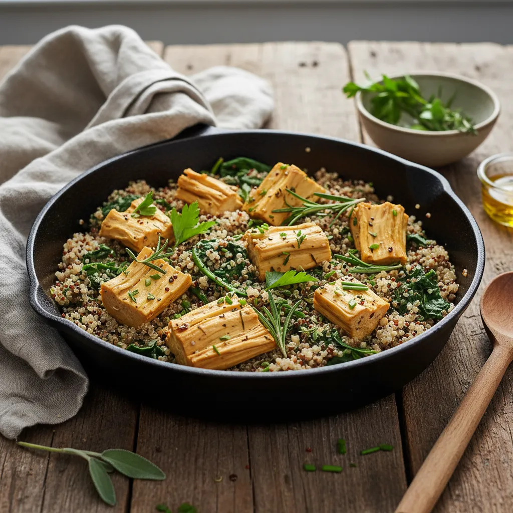 Savory Herb-Infused Jackfruit and Spinach Quinoa Skillet
