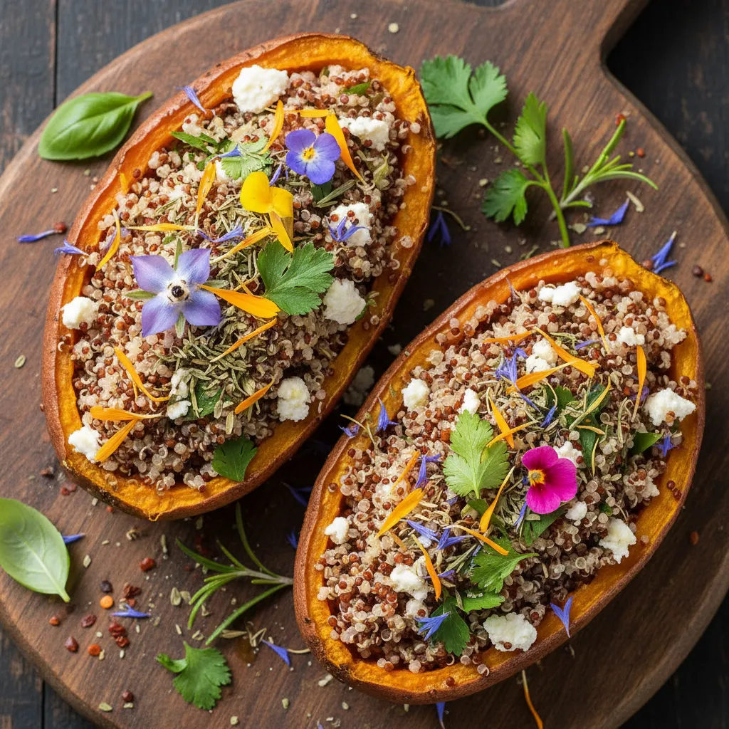 Savory Herbed Quinoa Stuffed Sweet Potatoes with Edible Flowers