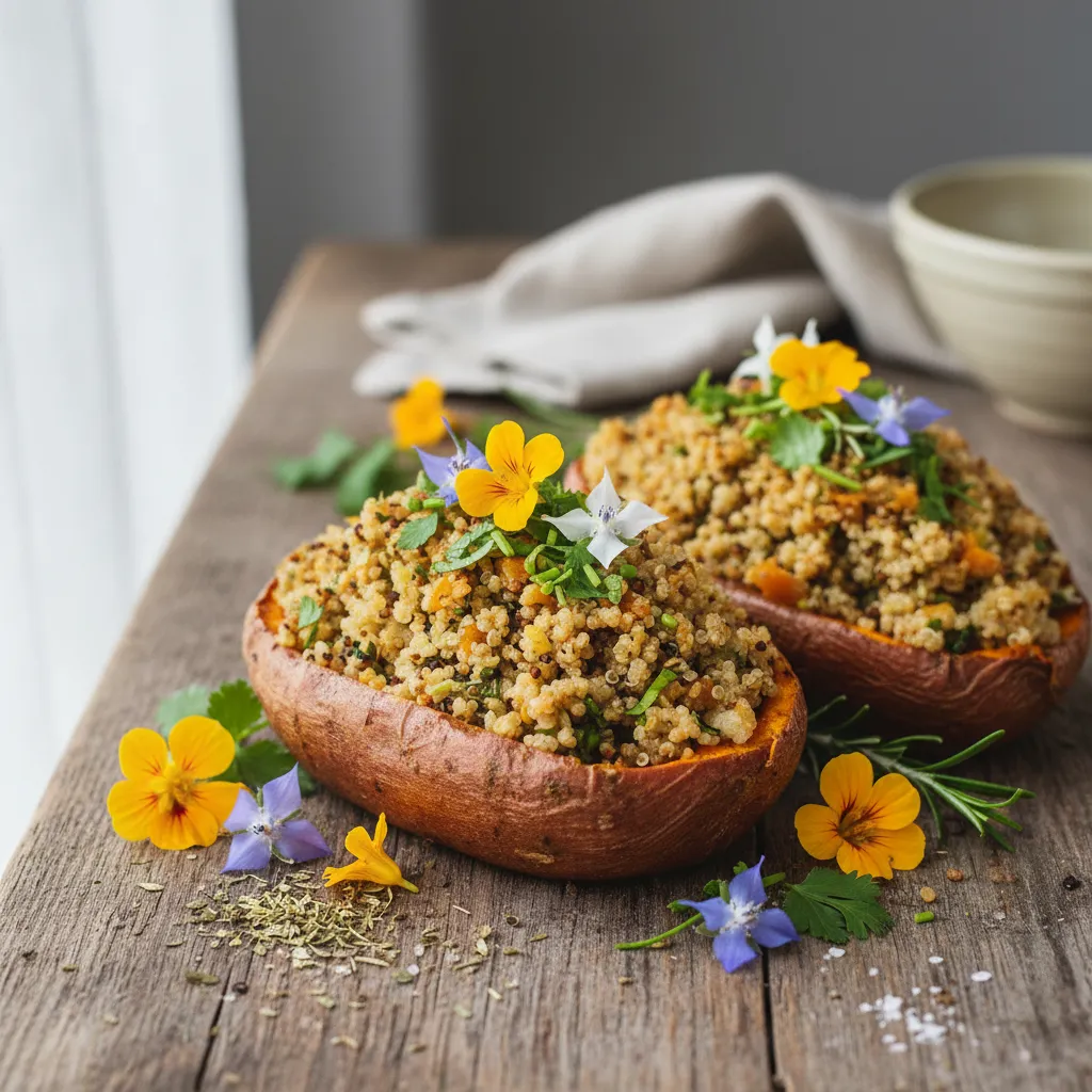 Savory Herbed Quinoa Stuffed Sweet Potatoes with Edible Flowers