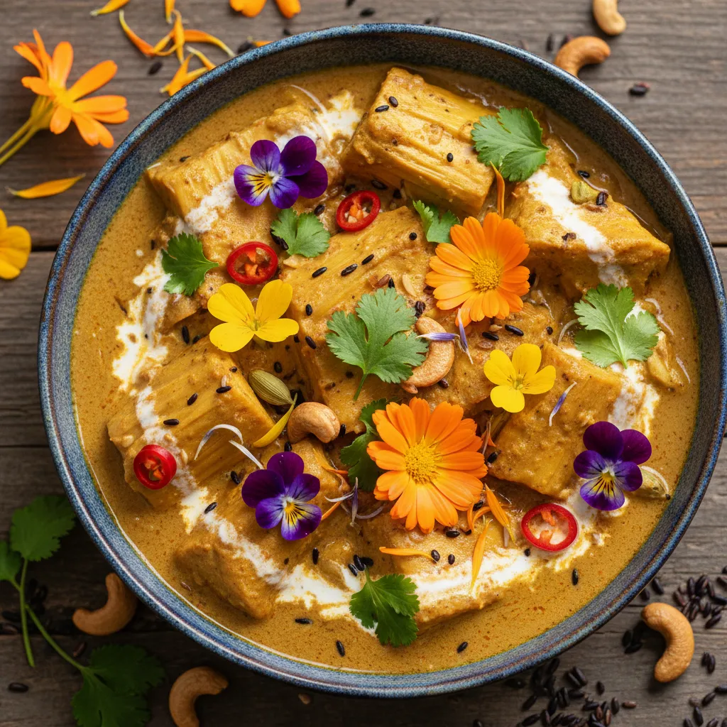 Savory Jackfruit Curry with Edible Flower Garnish