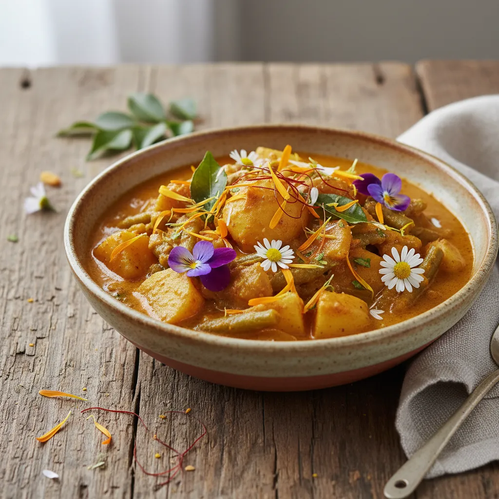 Savory Jackfruit Curry with Edible Flower Garnish