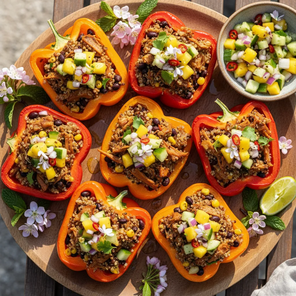 Savory Jackfruit Quinoa Stuffed Peppers with May Blossom Salsa