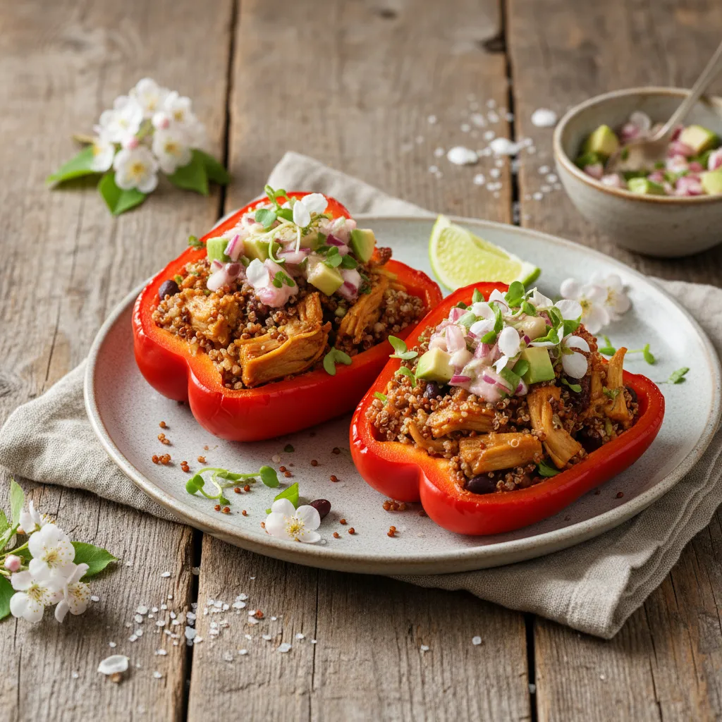 Savory Jackfruit Quinoa Stuffed Peppers with May Blossom Salsa