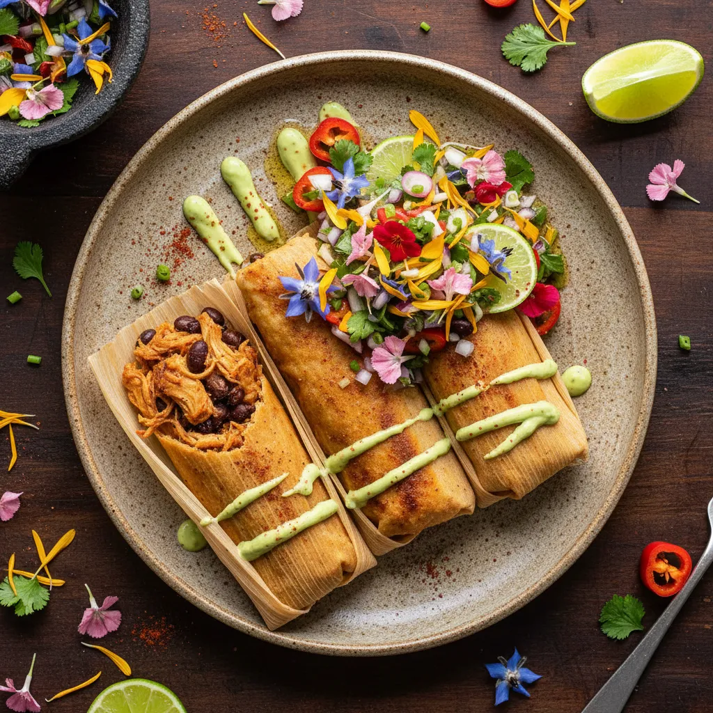 Savory Jackfruit Tamales with Edible Flower Salsa
