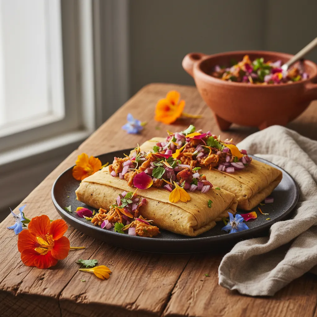 Savory Jackfruit Tamales with Edible Flower Salsa