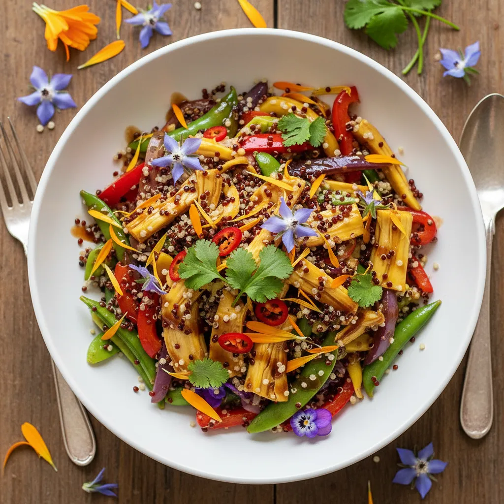 Savory Jackfruit & Edible Flower Stir-Fry with Quinoa