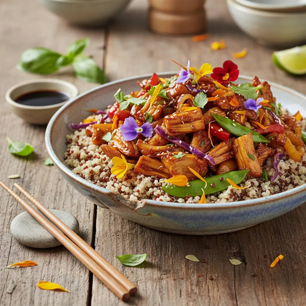 Savory Jackfruit & Edible Flower Stir-Fry with Quinoa