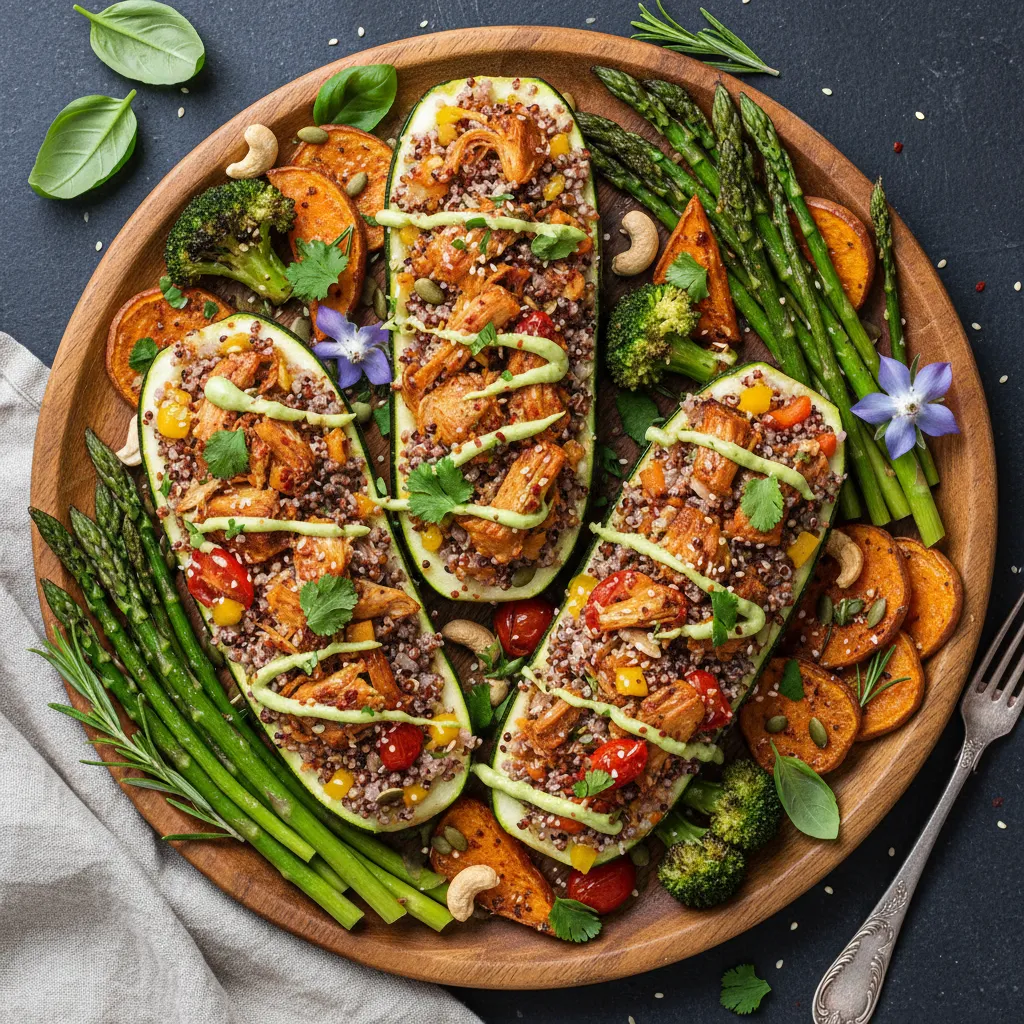 Savory Jackfruit & Quinoa Stuffed Zucchini Medley