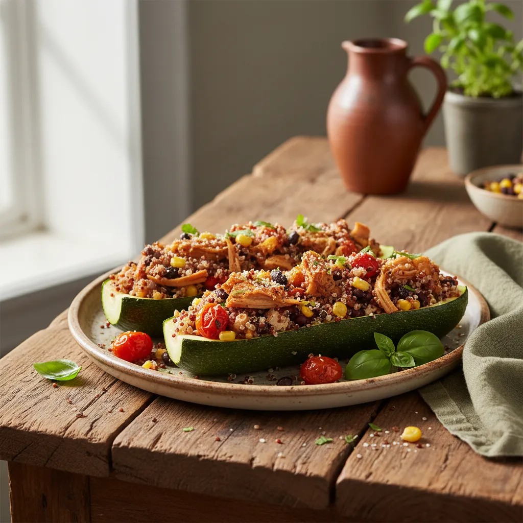 Savory Jackfruit & Quinoa Stuffed Zucchini Medley