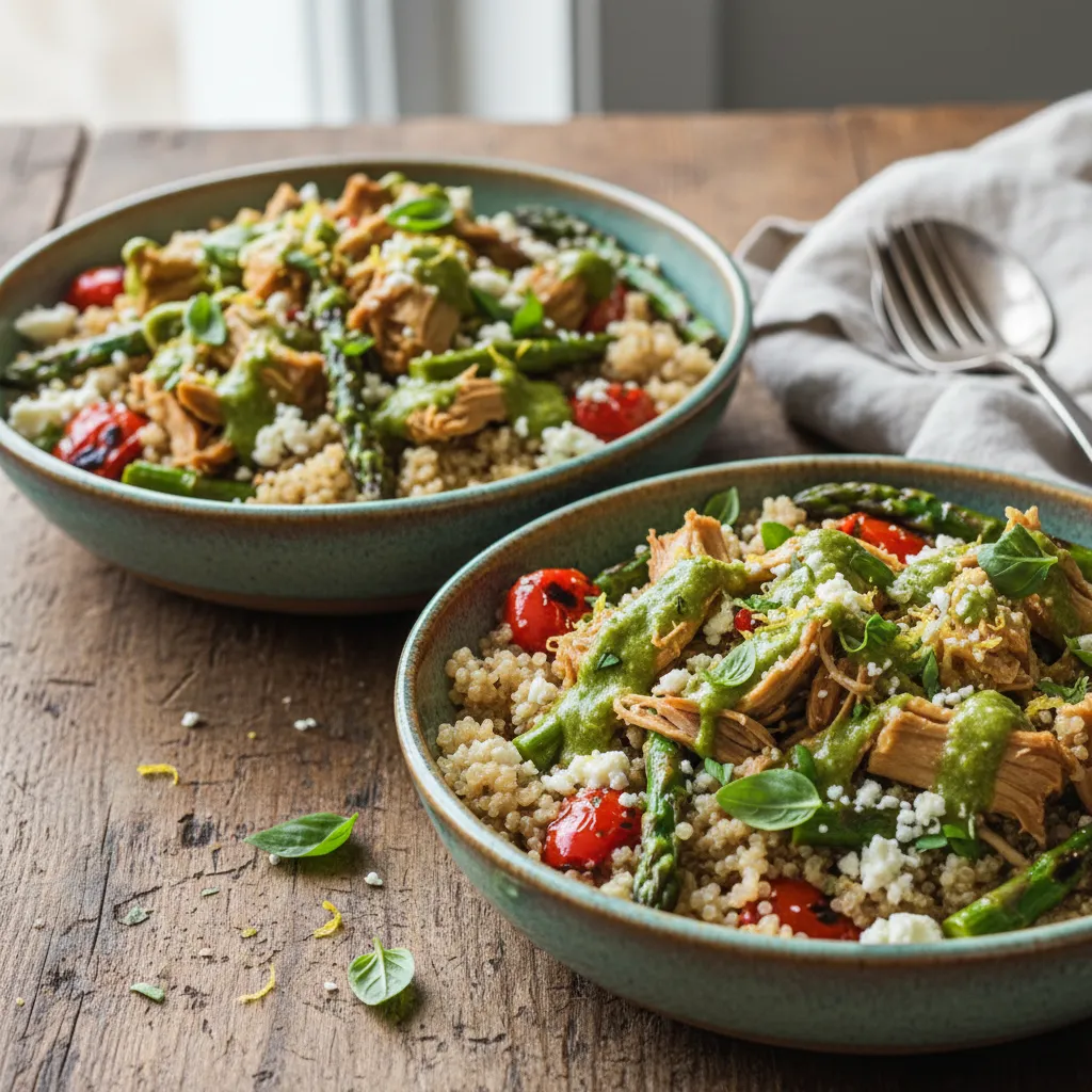Savory Jackfruit and Asparagus Quinoa Bowls with Lemon Basil Drizzle