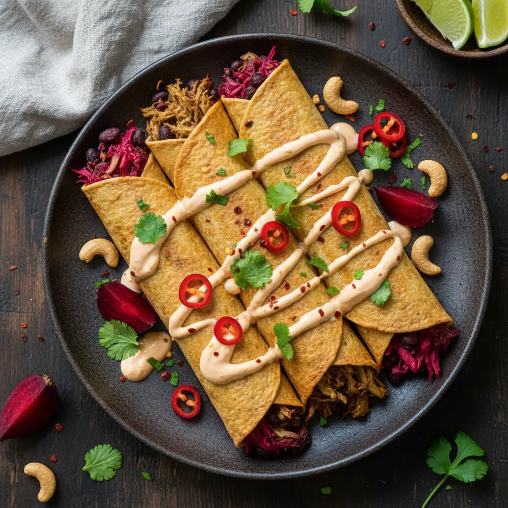 Savory Jackfruit and Beetroot Enchiladas with Spicy Cashew Cream