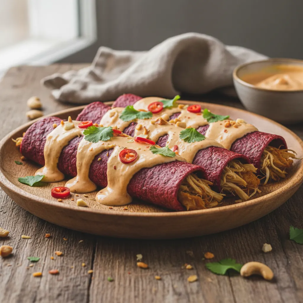 Savory Jackfruit and Beetroot Enchiladas with Spicy Cashew Cream