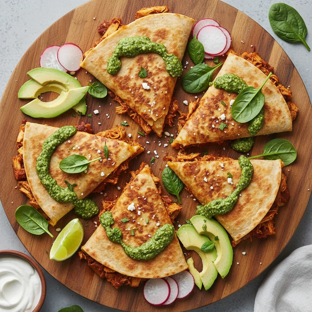 Savory Jackfruit and Chipotle Quesadillas with Spinach Pesto