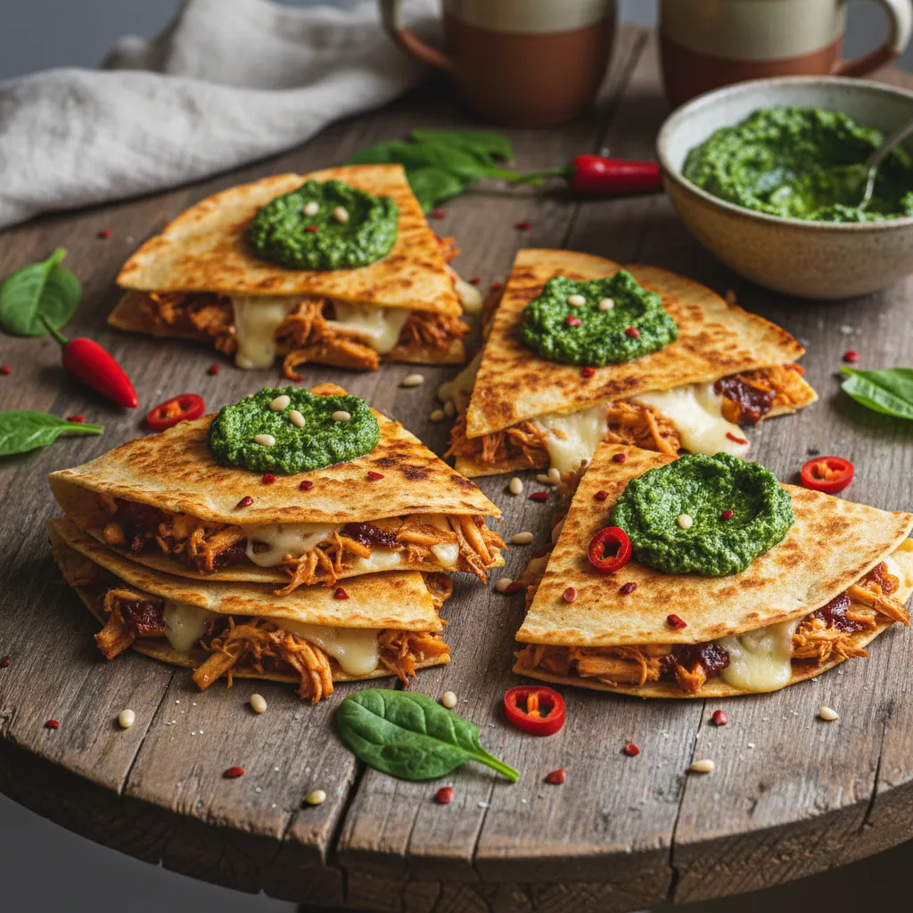 Savory Jackfruit and Chipotle Quesadillas with Spinach Pesto