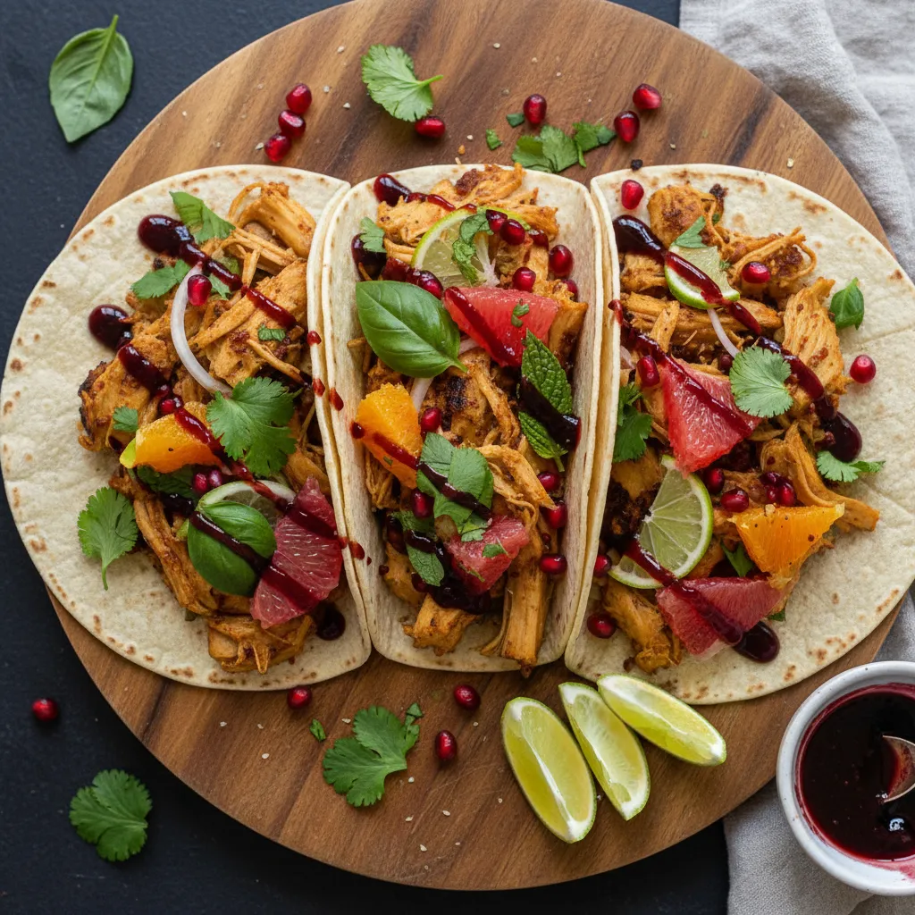 Savory Jackfruit and Citrus Herb Tacos with Pomegranate Drizzle